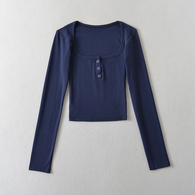 6 Colorway Solid Color square Collar Long Sleeve Casual Fashion Women t Shirt