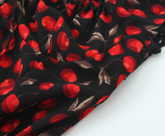 Fruit Print Black Red Color Front Lace up Casual Fashion Women's Crop Top