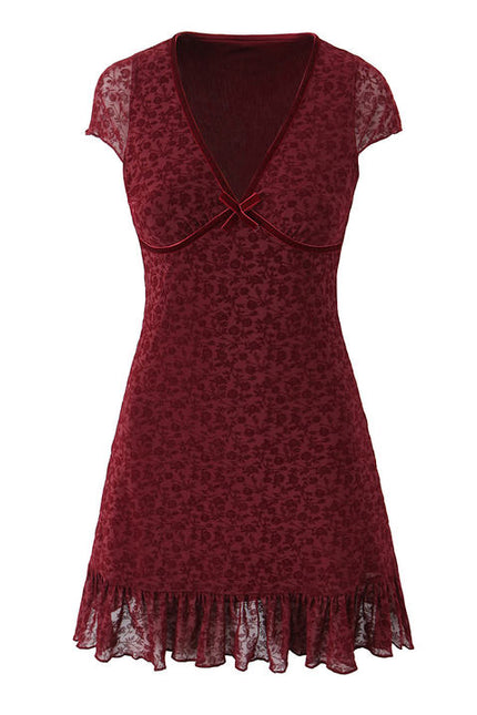 V Neck Red Color Short Sleeve Front Bow Tie Casual Fashion Mini Summer Dress for Women