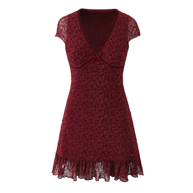 V Neck Red Color Short Sleeve Front Bow Tie Casual Fashion Mini Summer Dress for Women