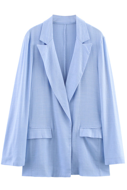 Notched Collar Long Sleeve Blue Color Single Button Casual Fashion blazer Jacket for Women