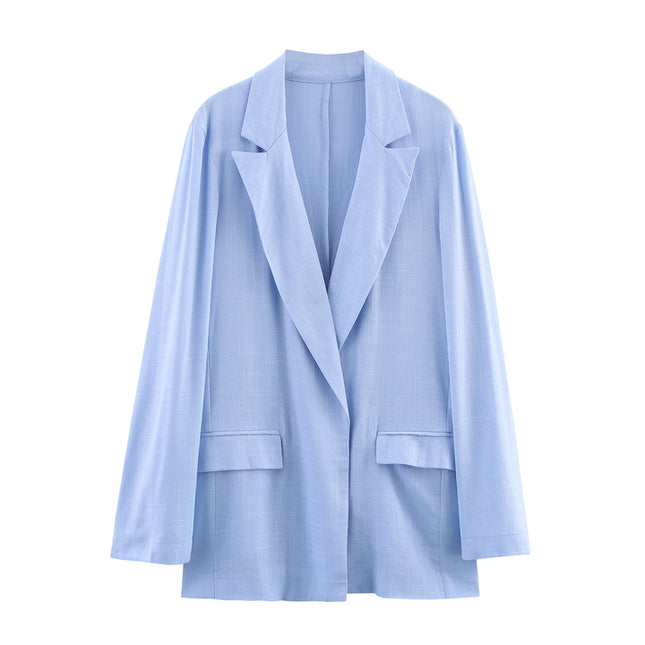 Notched Collar Long Sleeve Blue Color Single Button Casual Fashion blazer Jacket for Women