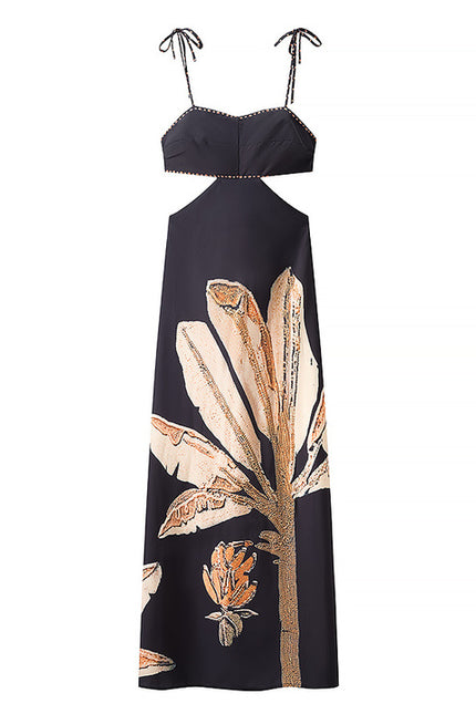 Waist Hollow Out Floral Print Multi Color Spaghetti Strap Casual Fashion Long slip Dress for Women