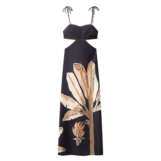 Waist Hollow Out Floral Print Multi Color Spaghetti Strap Casual Fashion Long slip Dress for Women