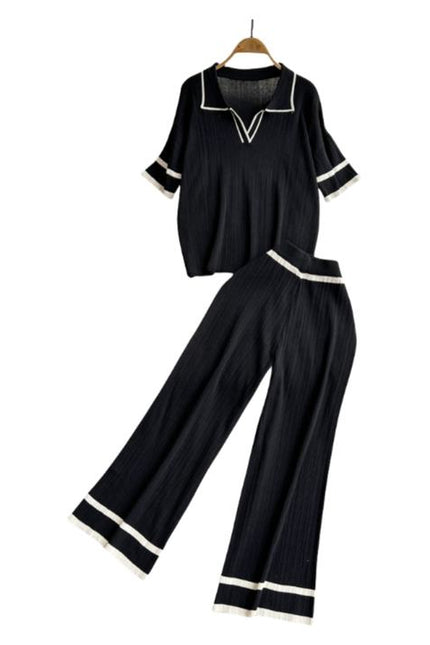 2024 New Fashion Set Style Contrast Color Short Sleeved Knitted Shirt+High Waist Slim Wide Leg Pants Set of Two