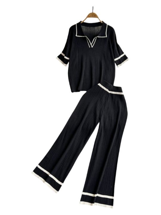 2024 New Fashion Set Style Contrast Color Short Sleeved Knitted Shirt+High Waist Slim Wide Leg Pants Set of Two