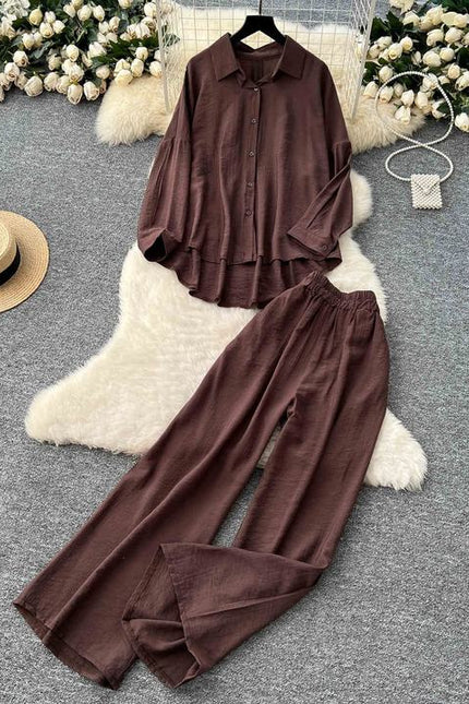 Casual Suit Women Loose Irregular Long Sleeve Shirt High-waisted Wide Leg Straight Pants Two Piece Set