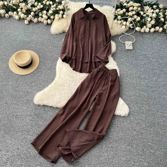 Casual Suit Women Loose Irregular Long Sleeve Shirt High-waisted Wide Leg Straight Pants Two Piece Set