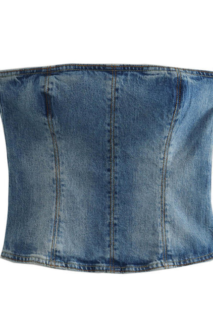 Denim Blue Color Strapless Back Zipper Fly Casual Fashion Women Crop tank Top