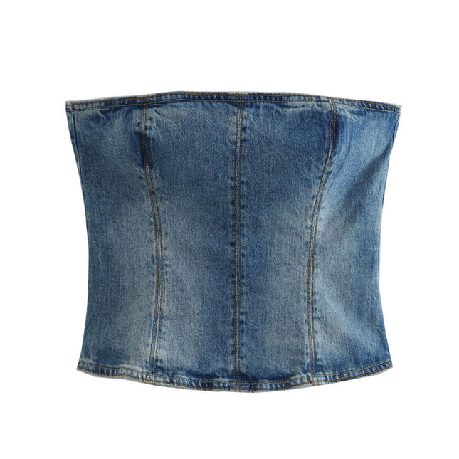 Denim Blue Color Strapless Back Zipper Fly Casual Fashion Women Crop tank Top