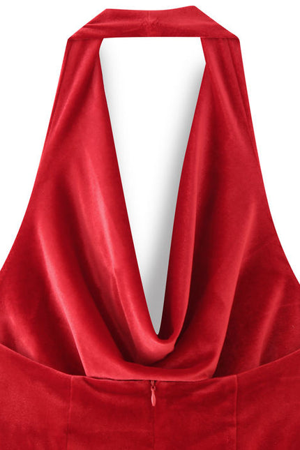 Back Hollow Out Red Color Sleeveless Zipper Fly Casual Fashion Maxi Halter Dress for Women
