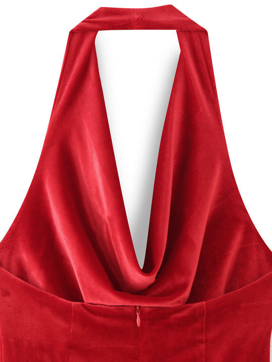 Back Hollow Out Red Color Sleeveless Zipper Fly Casual Fashion Maxi Halter Dress for Women