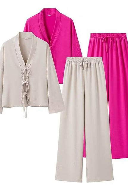 2 Colorway Solid Color Front Lace up Long Sleeve Blouse Drawstring Waist Long Pants Casual Fashion Women 2 Piece Set
