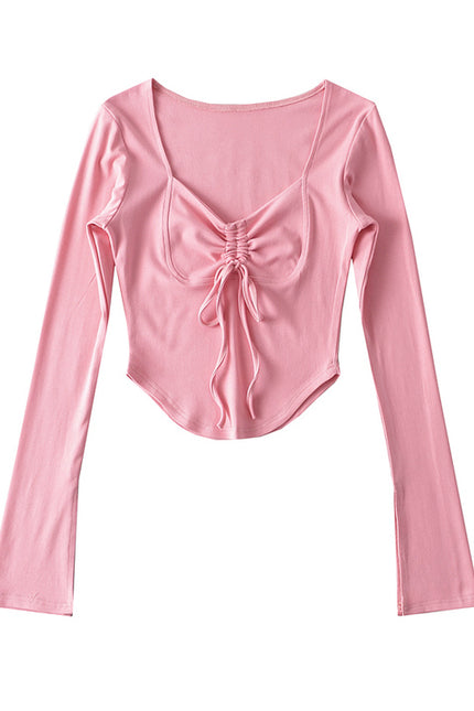 6 Colorway square Collar Front Lace up Long Sleeve Solid Color Casual Women t Shirt