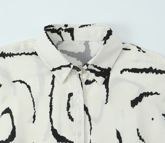 Beige Black Color Print Long Sleeve Buttons up Turn Down Collar Casual Fashion Tops Blouse for Women
