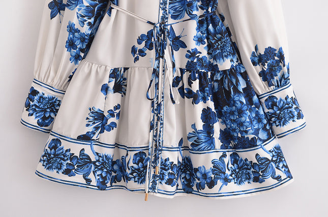Turn Down Collar Floral Print Beige Blue Color Sashes Casual Fashion Mini Dress for Women