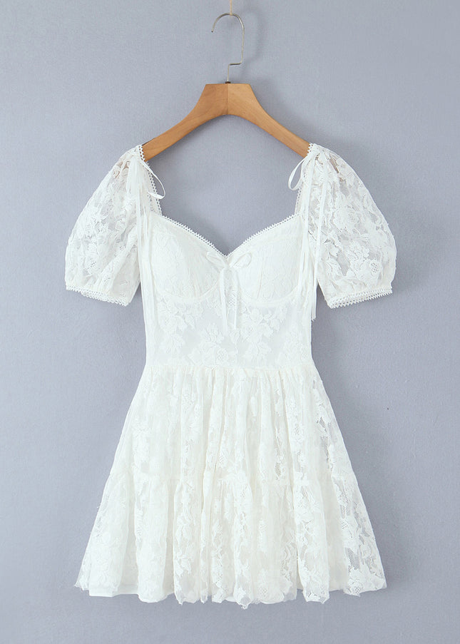 2 Colorway square Collar Short Sleeve Floral Lace Solid Color Casual Fashion Summer Mini Dress for Women