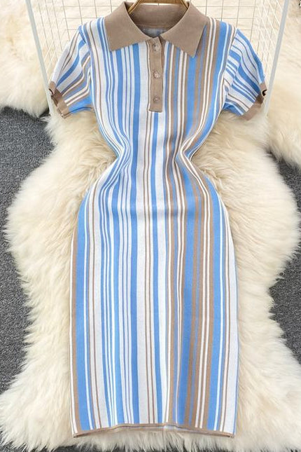 Summer New Retro Polo Collar Slim Striped Tight Knit Short Sleeve Dresses