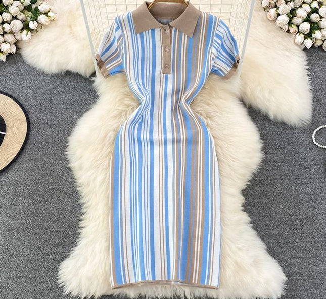 Summer New Retro Polo Collar Slim Striped Tight Knit Short Sleeve Dresses