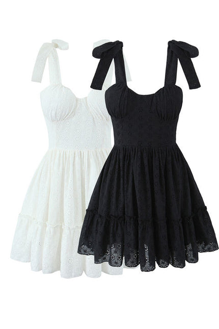 2 Colorway Solid Color Shoulder Strap Embroidery Casual Fashion Cotton Mini Dress for Women