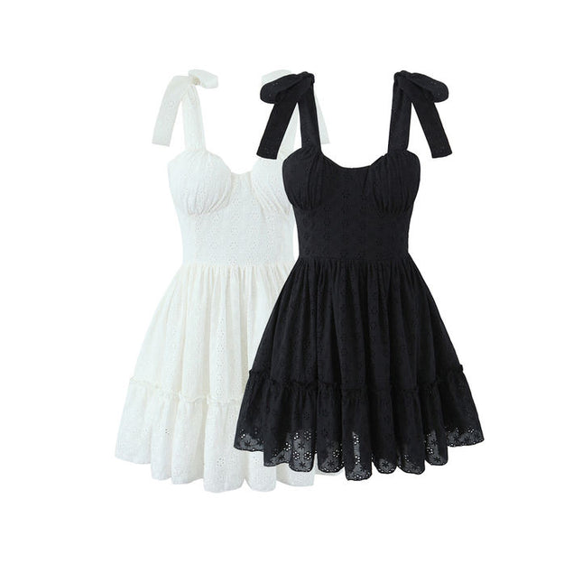 2 Colorway Solid Color Shoulder Strap Embroidery Casual Fashion Cotton Mini Dress for Women