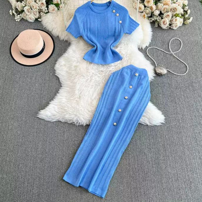 High-end Style Is Shoulder Short Sleeve Small Short Top Ice Silk Knitwear + High Waist Skirt Set