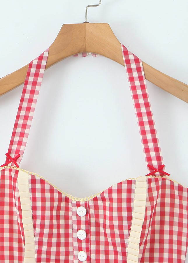 Plaid Print Red Color Back Hollow Out Buttons up Casual Fashion Mini Cotton Halter Dress for Women