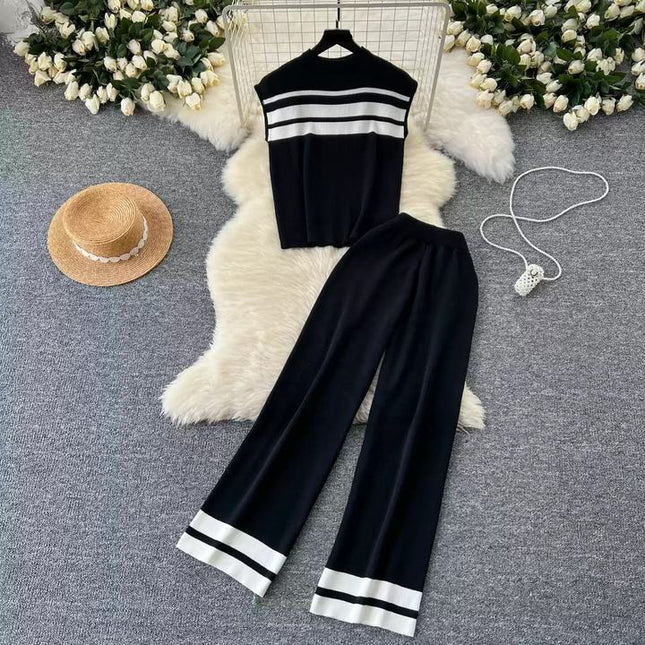 Fashion Suit Women's Summer Fashion Color Contrast Striped Knitted Top High-waisted Casual Wide-leg Pants Two-piece Set
