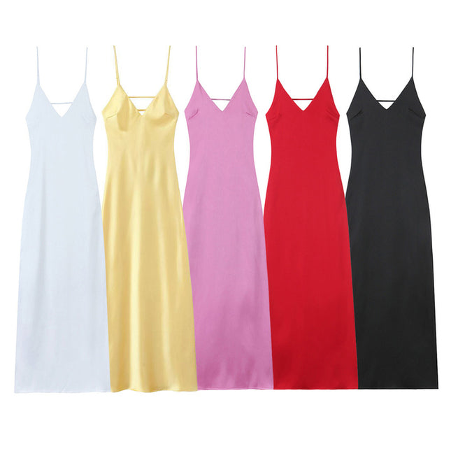 5 Colorway Solid Color Spaghetti Strap Hot Sale Back Hollow Out Casual Fashion Long slip Dress for Ladies