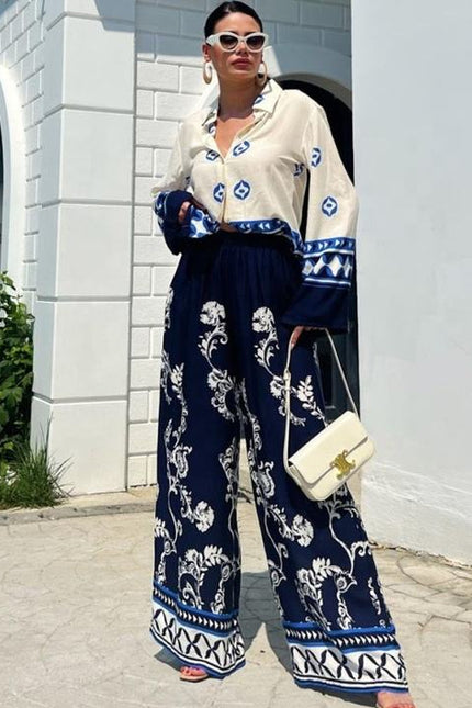 Women's 2024 New Fashion Positioning Print Loose Long Sleeved Top Wide Leg Pants Two Piece Set