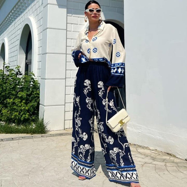 Women's 2024 New Fashion Positioning Print Loose Long Sleeved Top Wide Leg Pants Two Piece Set