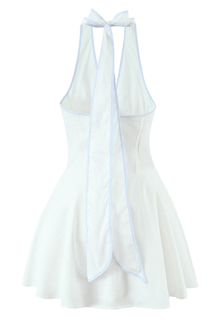 Back Hollow Out White Color Sleeveless Causal Fashion Summer Mini Cotton Halter Dress for Women