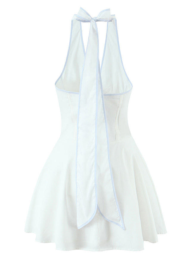 Back Hollow Out White Color Sleeveless Causal Fashion Summer Mini Cotton Halter Dress for Women