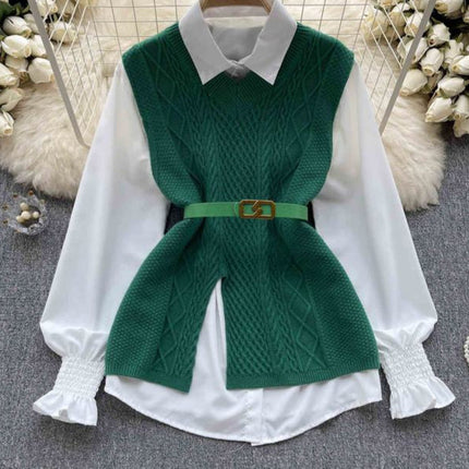 2025 Autumn Fashion ChicWaist Closing Knitting Vests Lapel White Casual Long Sleeve Shirts Female