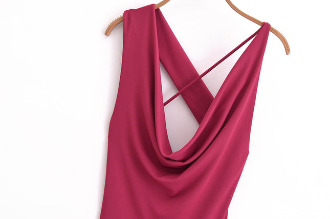 Rose Color Drop Collar Sleeveless Back Hollow Out Casual Fashion Summer Long Dress for Women