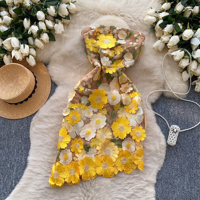 Summer New Bustier Evening Dress Women Waisted Ruffled Sleeveless Waist Cinching Slimming Flower Embroidery Sexy Dresses