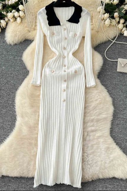 Vintage Collision Lapel Long Sleeve Slim Tight Vertical Knit Dress
