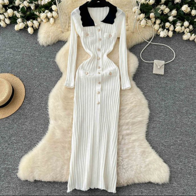 Vintage Collision Lapel Long Sleeve Slim Tight Vertical Knit Dress