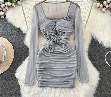 Spicy Girl Sexy Long Sleeve Square Neck Waist Shrinking Mesh Perspective 3D Flower Wrap Hip Dress