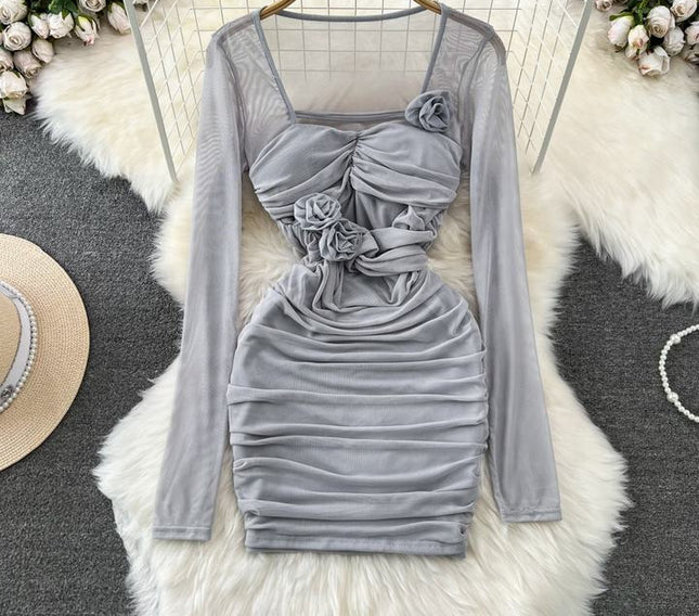 Spicy Girl Sexy Long Sleeve Square Neck Waist Shrinking Mesh Perspective 3D Flower Wrap Hip Dress