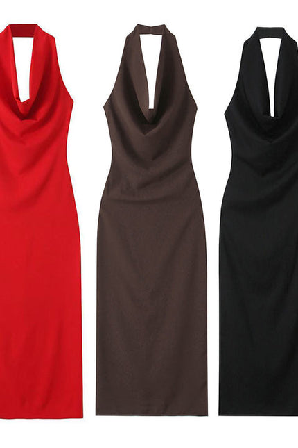 3 Colorway Solid Color Back Hollow Out Sleeveless Casual Fashion Maxi Halter Dress for Ladies