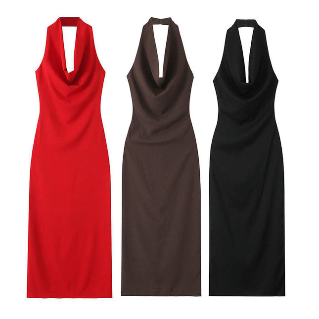 3 Colorway Solid Color Back Hollow Out Sleeveless Casual Fashion Maxi Halter Dress for Ladies