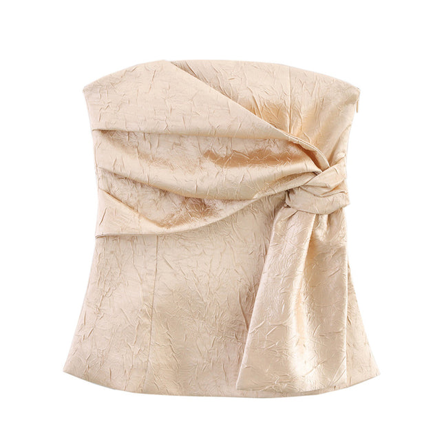 Strapless Side Pleated Khaki Color Casual Fashion Women's tank Tops