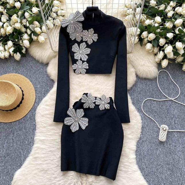 2 Piece Set Long Sleeve Luxury Crystal Flowers Evening Party Mini Skirt Set