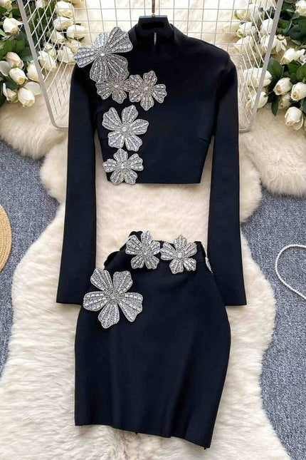 2 Piece Set Long Sleeve Luxury Crystal Flowers Evening Party Mini Skirt Set