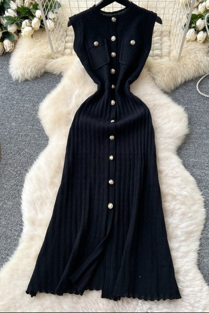 Round Neck Sleeveless Metal Buckle Slim Fit and Slimming Knitted Dress for Women Summer New Style