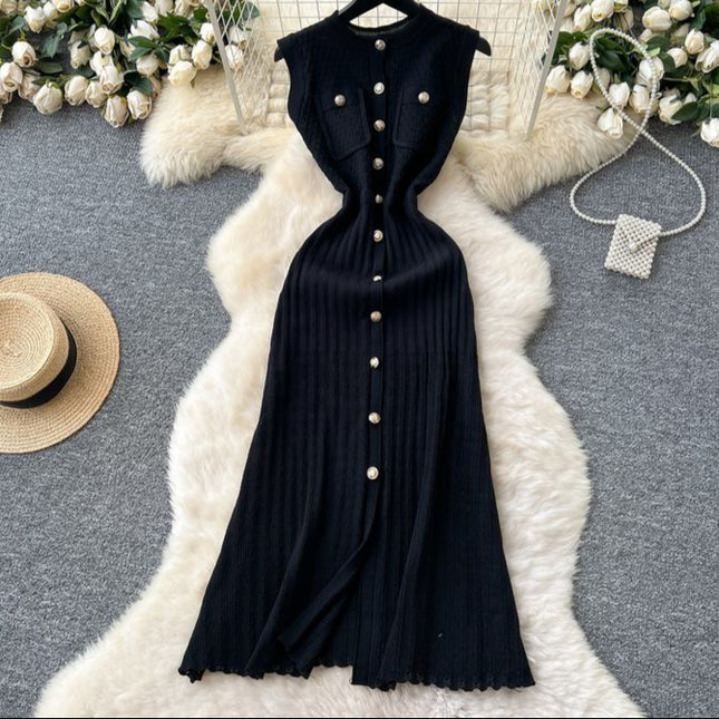 Round Neck Sleeveless Metal Buckle Slim Fit and Slimming Knitted Dress for Women Summer New Style