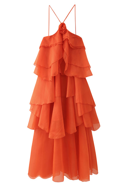 Spaghetti Strap Orange Color Front Flower Hot Sale Casual Fashion Summer slip Dress for Women