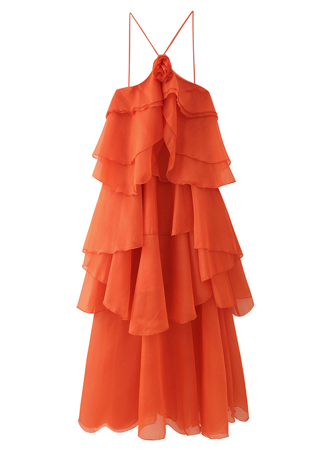 Spaghetti Strap Orange Color Front Flower Hot Sale Casual Fashion Summer slip Dress for Women