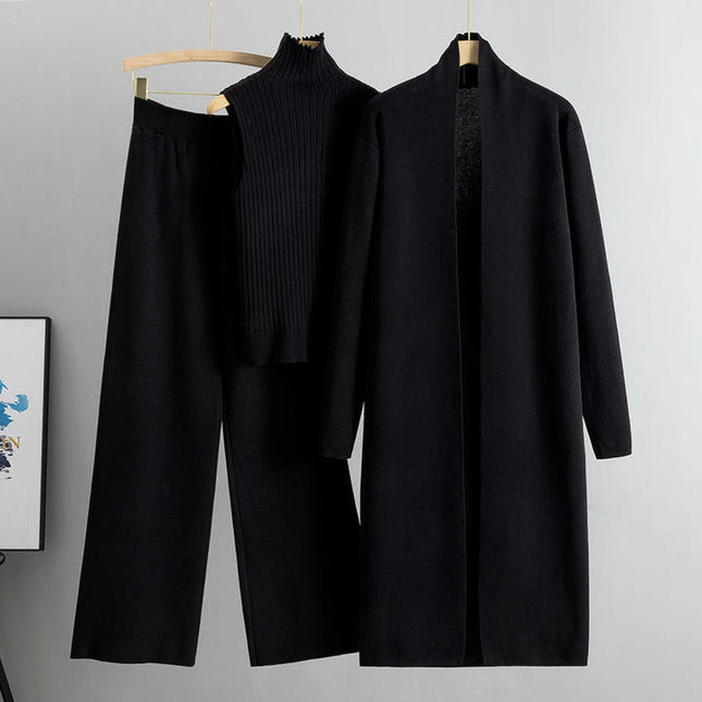 Autumn New Elegant Simple Knitted Set Sleeveless Tank Top+long Sweater Cardigan Pants Three Piece Sets